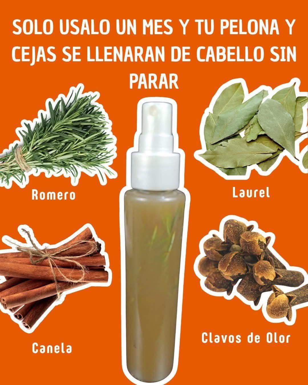 Spray natural para crecer cabello y cejas con romero, laurel, canela y clavos